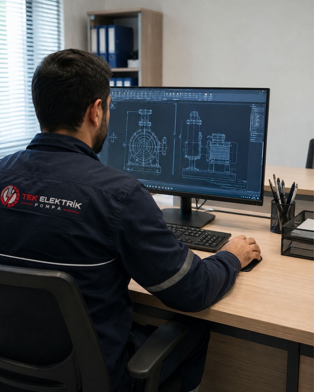 Tek Elektrik Pompa mühendislik ekibi proje çizimi yaparken